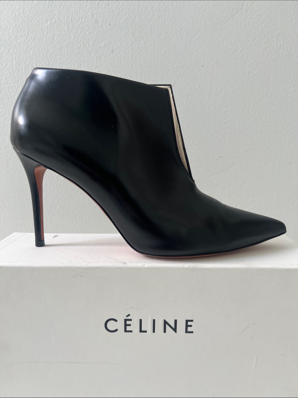 Celine Black Leather Pointed Stiletto Ankle Booties